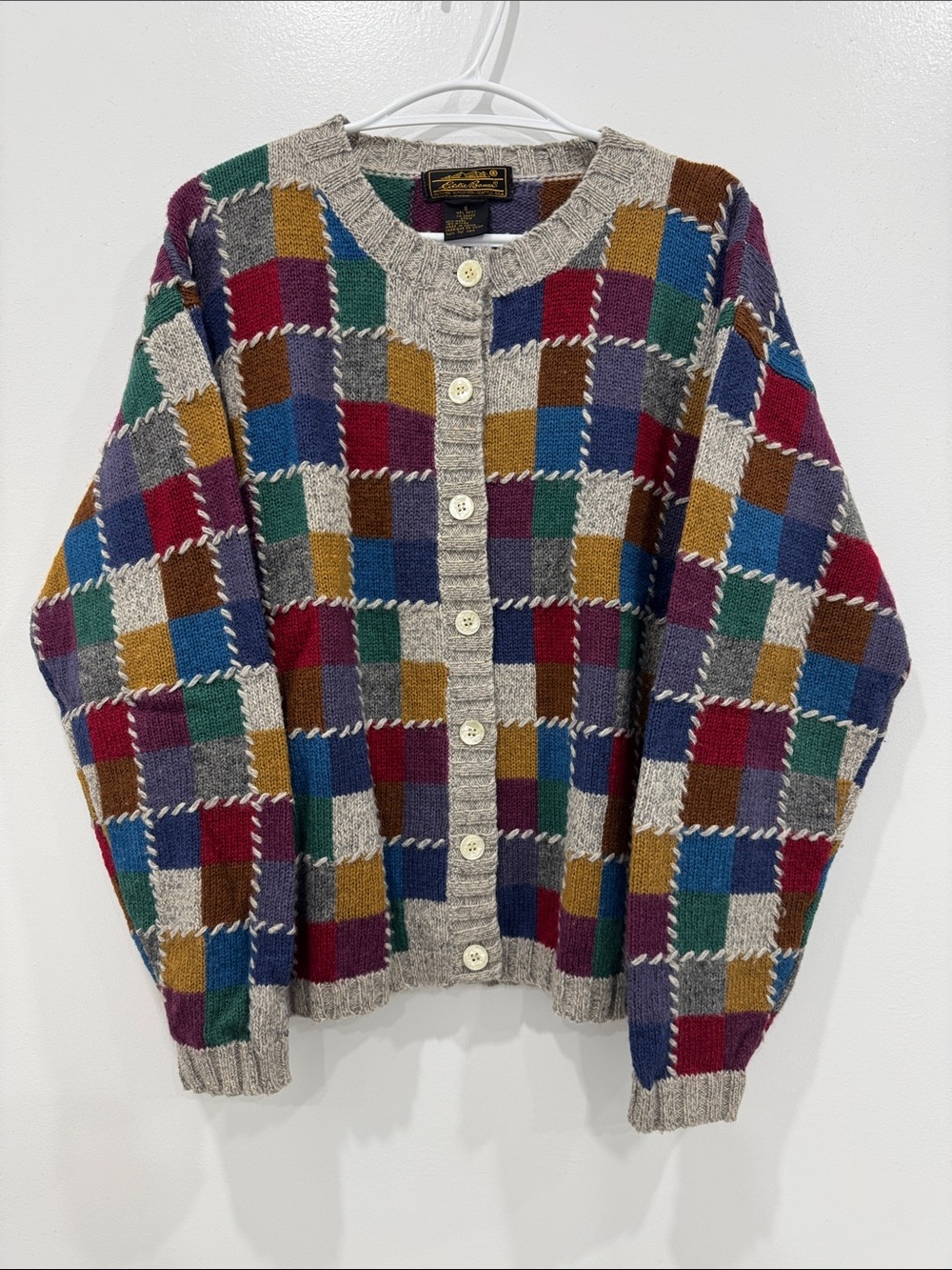 Vintage Eddie Bauer 85% Wool Patchwork Cardigan Sweater Size S